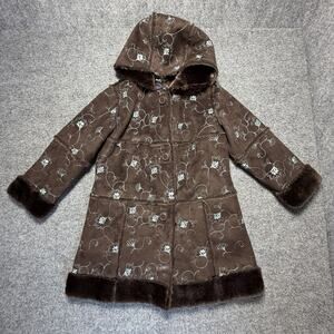 Rothschild Coat Girls Sz 4T Brown Faux Suede Floral Embroidered Fur Lined SOFT
